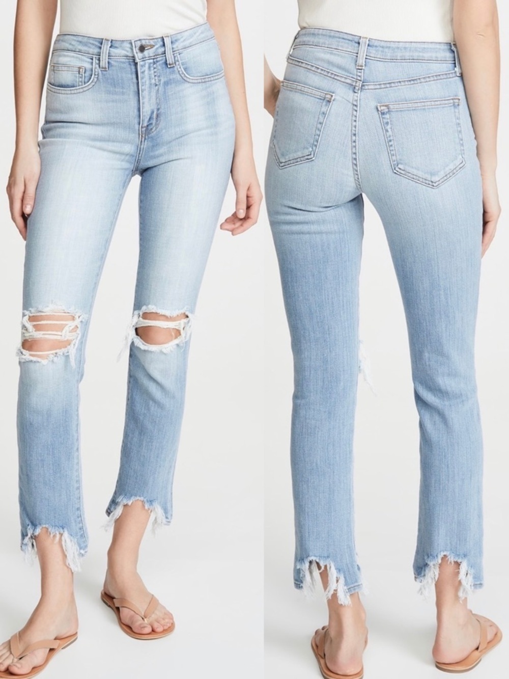 L’AGENCE High Line Distressed Skinny Jeans Classic Braise Chewed Hem Light Wash